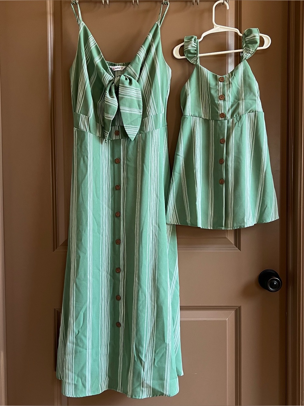 PatPat Mommy & Me Matching Green Stripe Dresses S & 3-4Y
